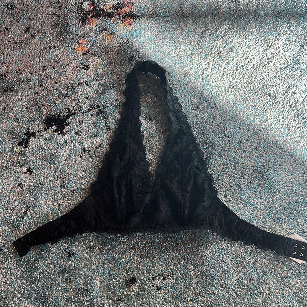 Black Lace Halter Stretchy Unpadded Bralette Bra